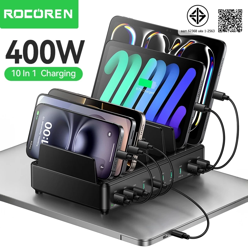 Rocoren 400W USB Charger Station 10 in 1 PD 100W USB C Fast Charging Desktop Charger 6 สาย, Multi-Device Organizer Fast Charge Dock สําหรับ MacBook, iPad, iPhone