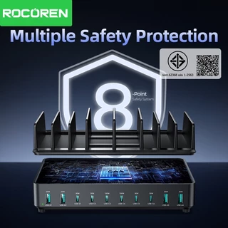 Rocoren 400W USB Charger Station 10 in 1 PD 100W USB C Fast Charging Desktop Charger 6 สาย, Multi-Device Organizer Fast Charge Dock สําหรับ MacBook, iPad, iPhone