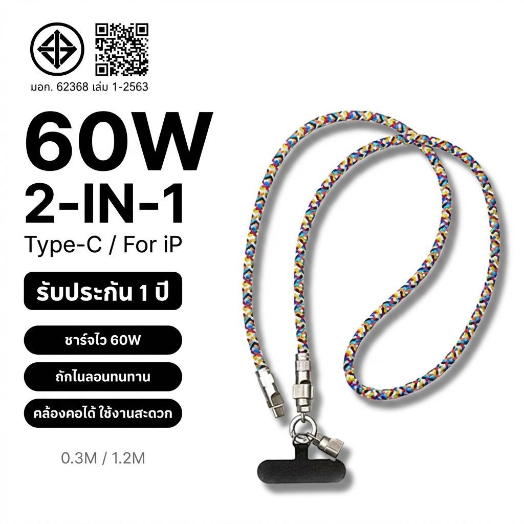 สายคล้องโทรศัพท์พร้อมสายชาร์จ 2in1 Type C/สำหรับ iP ถักไนลอน 60W ยาว 0.3M/1.2M ห้อยคอได้ ทนทาน ใช้งา