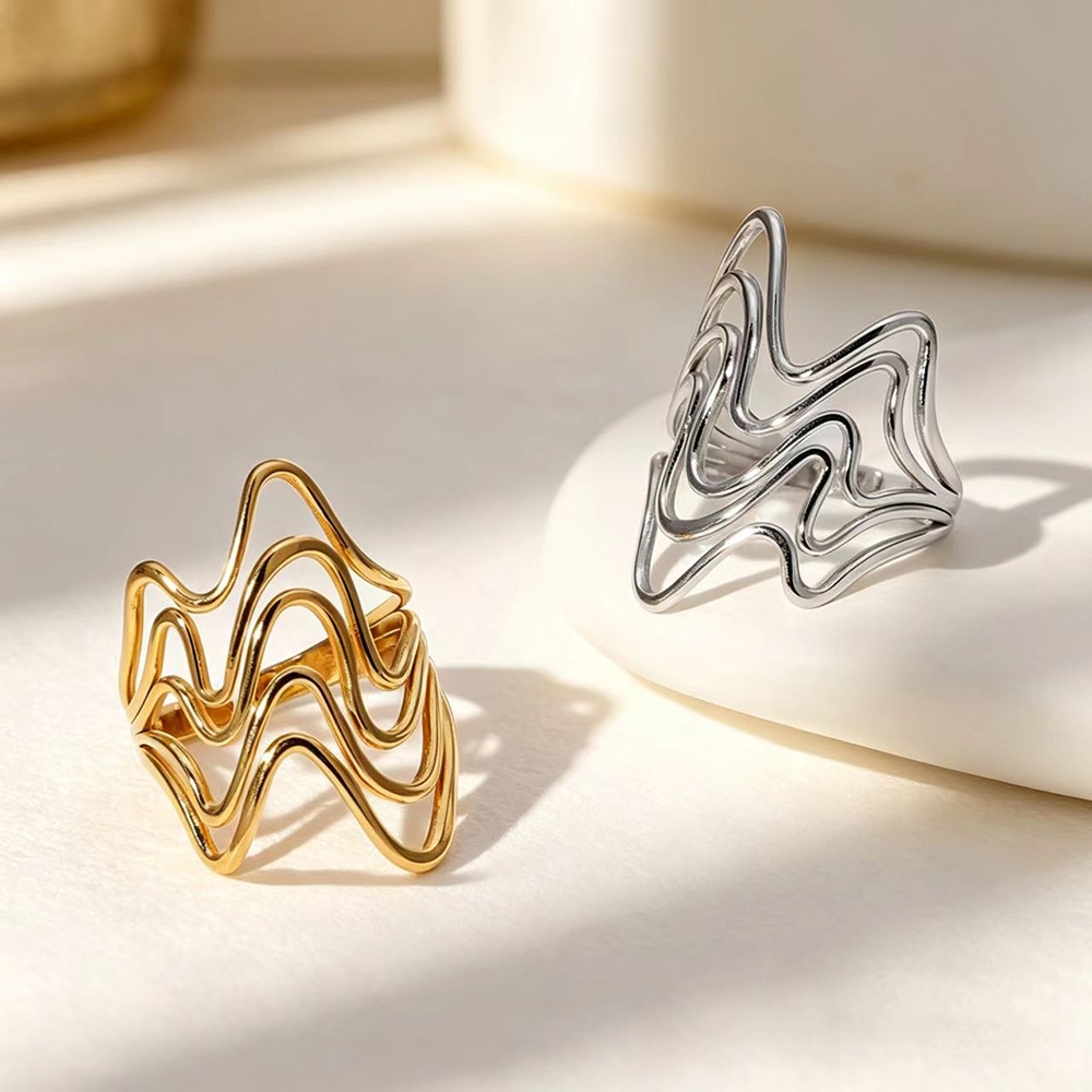 Luna Petite Unisex Gold-plated Silver Line แหวนปรับได้สแตนเลสกันน้ําเหงื่อไม่ซีดจางแหวนแฟชั่น Casual การออกแบบโอ้อวด
