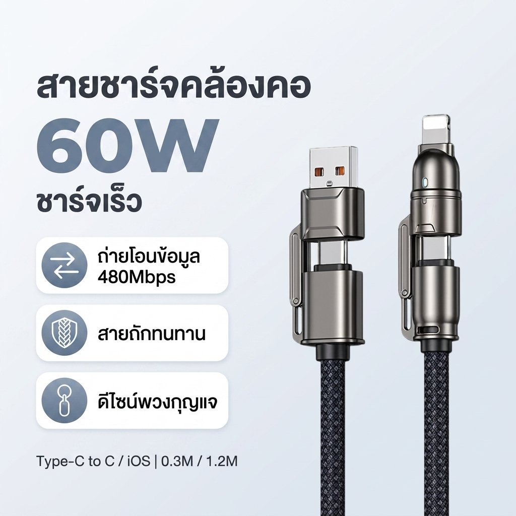 สายชาร์จคล้องคอ Type C to Type C / Type C to iOS 0.3M 1.2M รองรับชาร์จเร็ว 60W 27W ถ่ายโอนข้อมูล 480