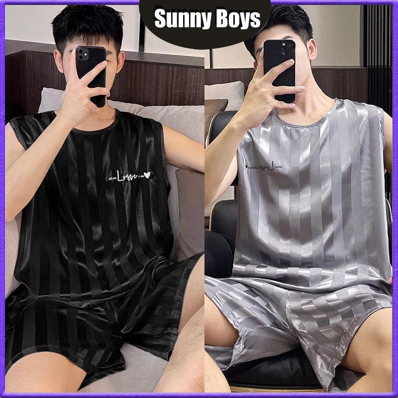 ชุดนอนผู้ชาย เสื้อกล้าม กางเกงขาสั้น ผ้าซาตินสุดหรู ผ้าเย็น ผ้านิ่มไม่เเข็ง