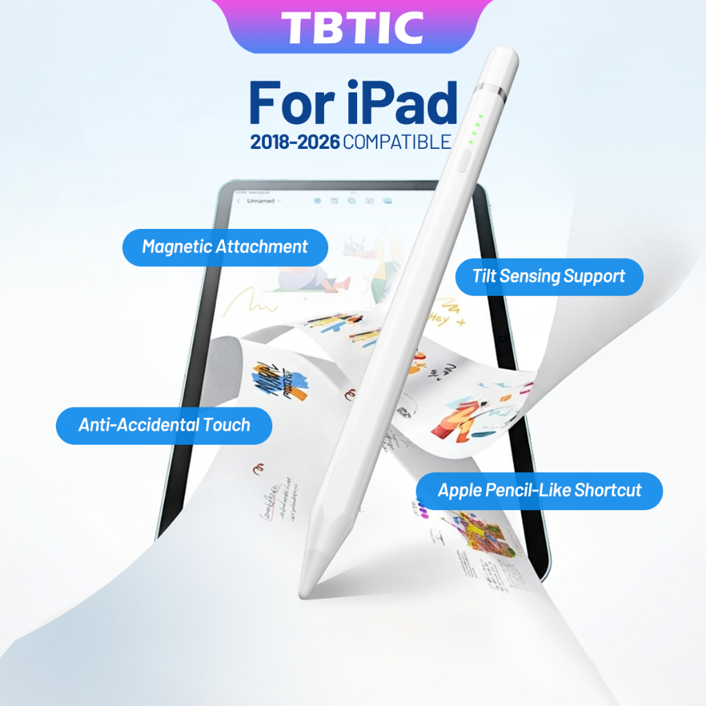 TBTIC ปากกาสไตลัส สำหรับ iPad (2018-2026) Gen6-11 Air3-7/M2/M3 Mini5/6 Pro11/12.9/M4 - กันฝ่ามือ | ชาร์จไร้สายและชาร์จผ่าน Type-C