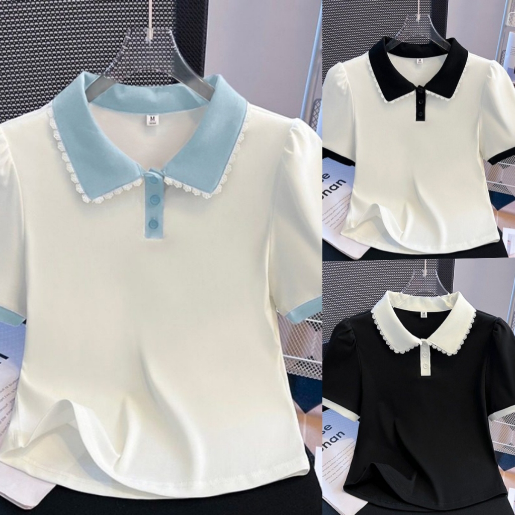 ผู้หญิง เสื้อโปโลแขนสั้น แฟชั่น สีทึบ พักผ่อน ไซส์ใหญ่เสื้อ