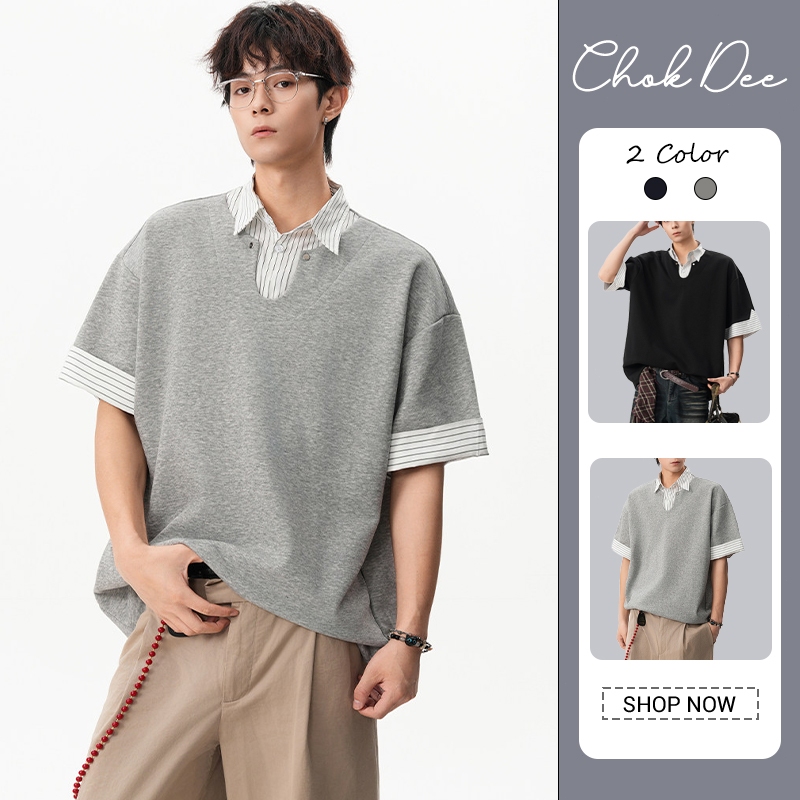 เสื้อยืดแขนสั้นผู้ชาย ลายทาง คอปก สามารถพับเก็บและระบายอากาศได้ดี เหมาะสำหรับสวมใส่ในทุกโอกาส