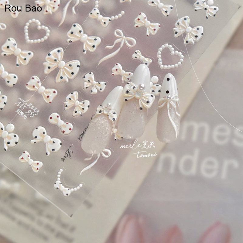 Rou Bao เล็บนมสีขาวภาษาฝรั่งเศสคํา Polka Dot Bow สติกเกอร์นูน Girly กลับกาวเล็บตกแต่งศิลปะ