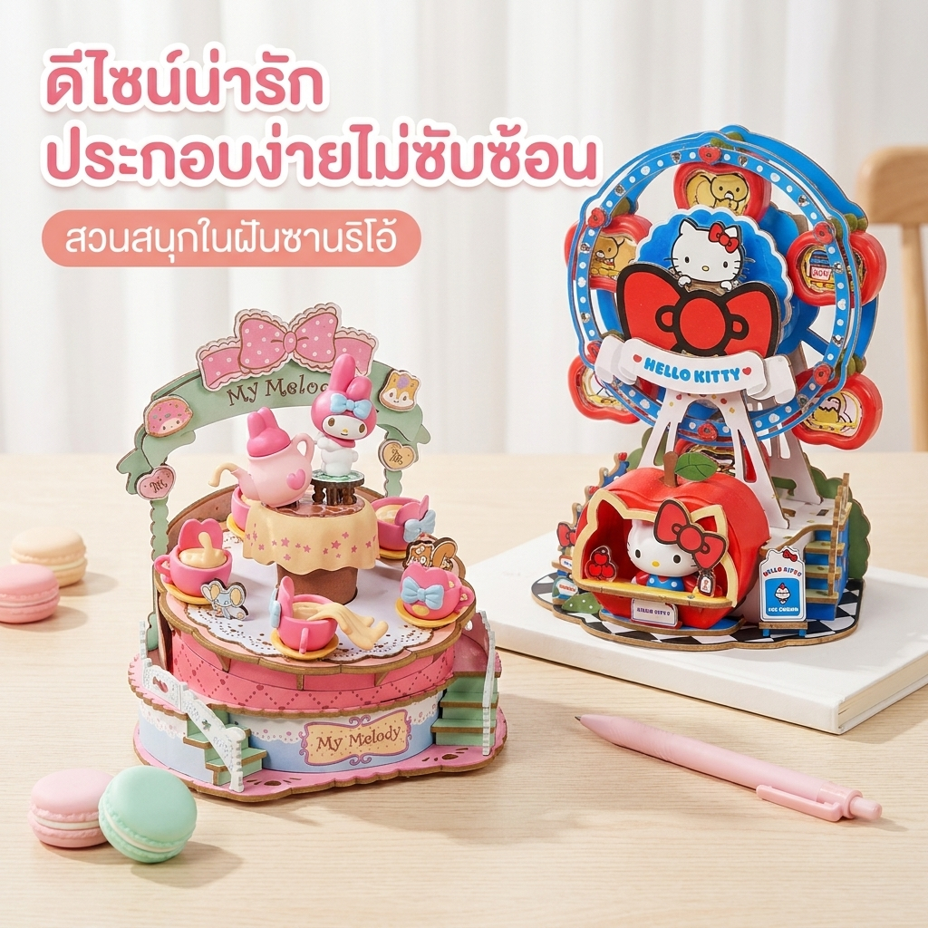 [Aria] ของแท้ rolife HelloKitty Music Box diy Handmade Music Box Sanrio Family