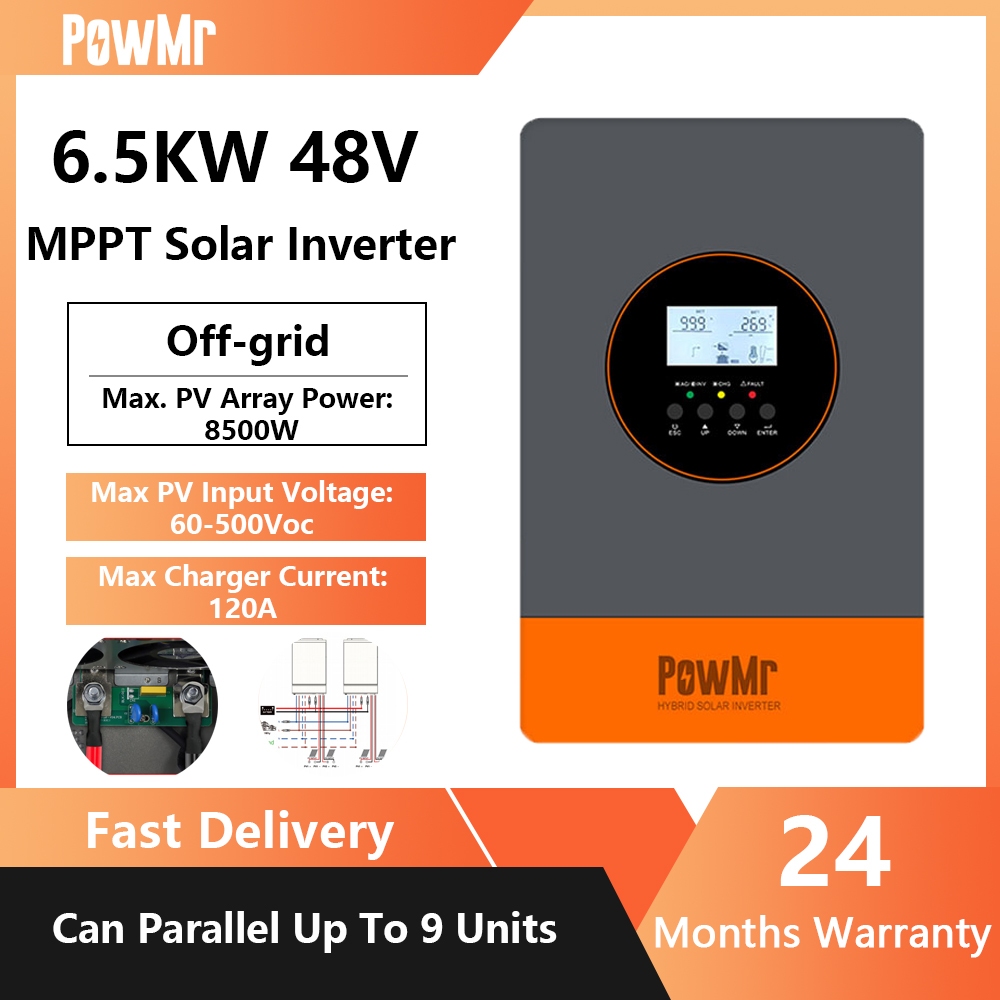 PowMr 6.2KW Off-Grid Solar Hybrid อินเวอร์เตอร์รองรับ 48V แบตเตอรี่ทุกชนิดสามารถขนานสูงสุด 9 หน่วยในตัว 120A MPPT คอนโทรลเลอร์ชาร์จพลังงานแสงอาทิตย์ PV อินพุตสูงสุด 60-500Vdc