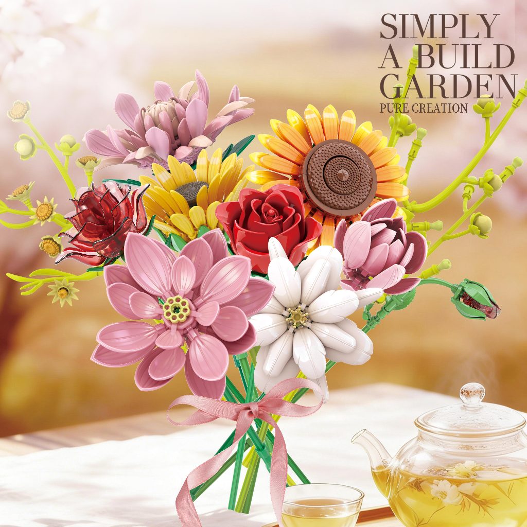Rose Sunflower Lily สีสัน Building Block ช่อดอกไม้ DIY Creative Matching Preserved Building Block ดอกไม้ตกแต่งสาวของขวัญ