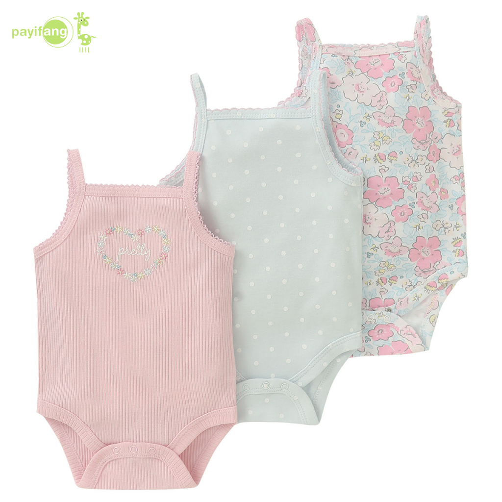 PAYI BABY-3 ชิ้น บอดี้สูทเด็ก ดอกไม้ สตรัปปี คอโรมเพอร์สำหรับเด็กทารกและทารกแรกเกิด
