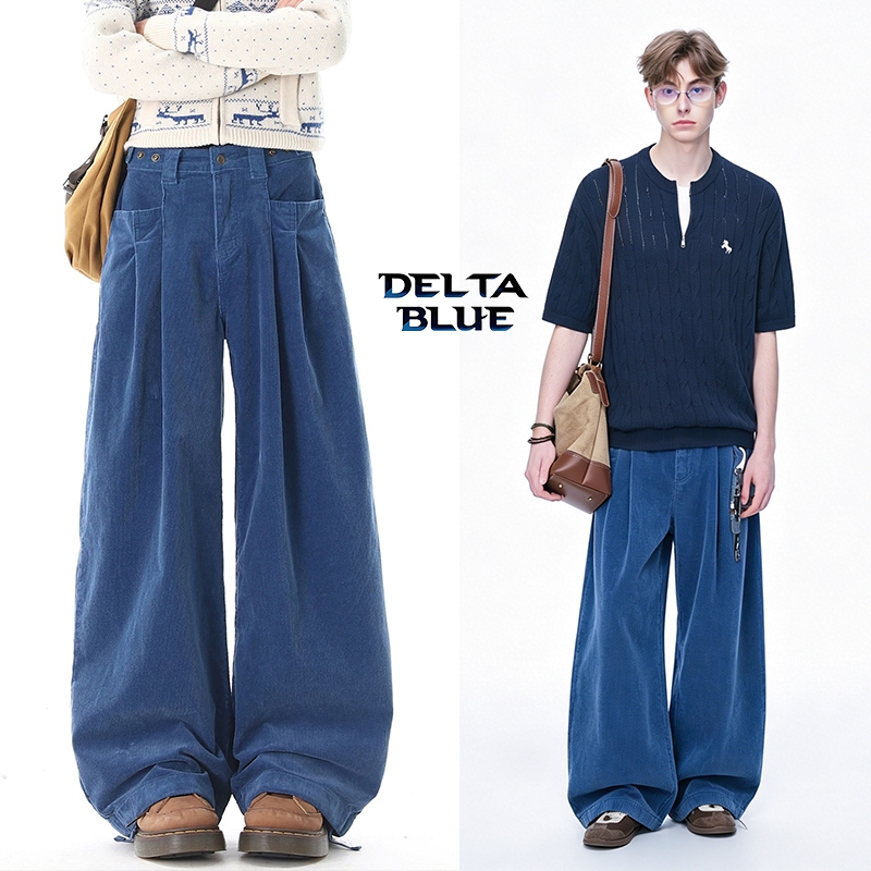 DELTA BLUE 【จัดส่งฟรี】กางเกงคอร์ดูรอยผู้ชายสีน้ำเงินเข้ม ขากว้างทรงเอวสูง Cleanfit อเมริกันเรโทร Unisex ใส่สบายทนทาน ซ่อนทรงขาได้ดี 2026 ยอดฮิต