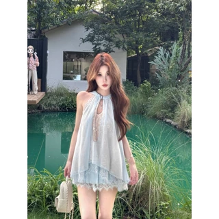 Suicute เสื้อกล้ามแขนกุด ลูกไม้ สีฟ้า สองชิ้น เซ็กซี่ ฤดูร้อน ชุดคล้องคอ สาวฮอต 2026 women clothing