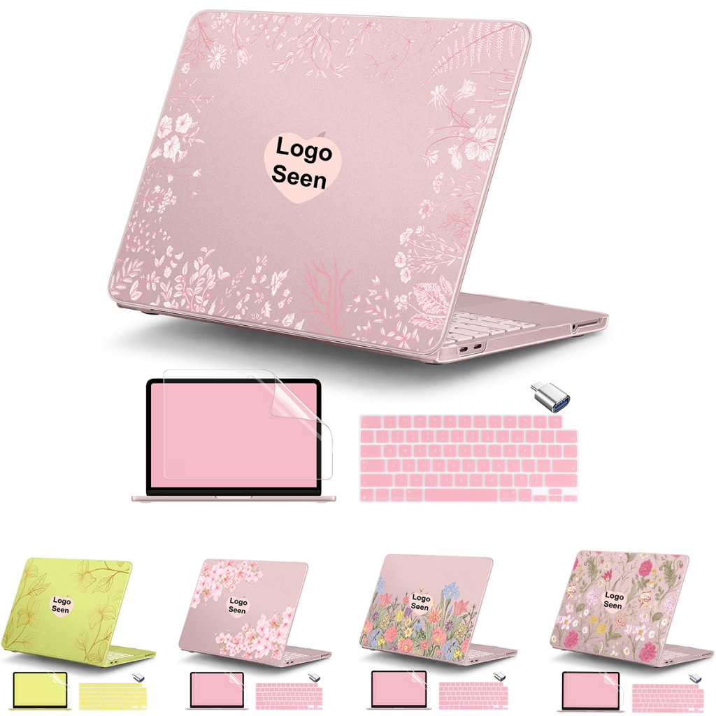 Pink Line Art ดอกไม้คริสตัลทรายสําหรับ for MacBook Neo 13 นิ้ว A3404 กรณี A18 Pro ชิปน่ารักพฤกษศาสตร์แล็ปท็อปพร้อมแป้นพิมพ์ 4 in 1 Anti-Scratch เคสกันกระแทก