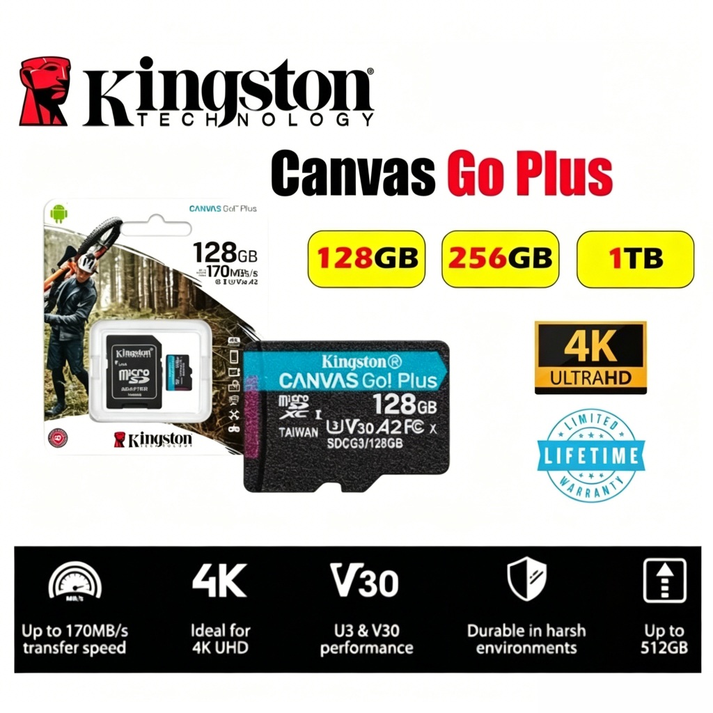 การ์ด Kingston Canvas Go Plus Micro SD พร้อมอะแดปเตอร์ (128GB/256GB/512GB/1TB) Class10 UHS-I U3 V30 A2
