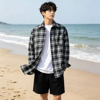 CoolChgเสื้อเชิ้ตแขนยาวลําลอง เสื้อเชิ้ตผู้ชาย ลายสก๊อต เนื้อดีนุ่มเบาบาง หลวมและระบายอากาศได้ สไตล์เกาหลี เท่ๆเข้ากับทุกแนว