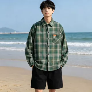 CoolChgเสื้อเชิ้ตแขนยาวลําลอง เสื้อเชิ้ตผู้ชาย ลายสก๊อต เนื้อดีนุ่มเบาบาง หลวมและระบายอากาศได้ สไตล์เกาหลี เท่ๆเข้ากับทุกแนว