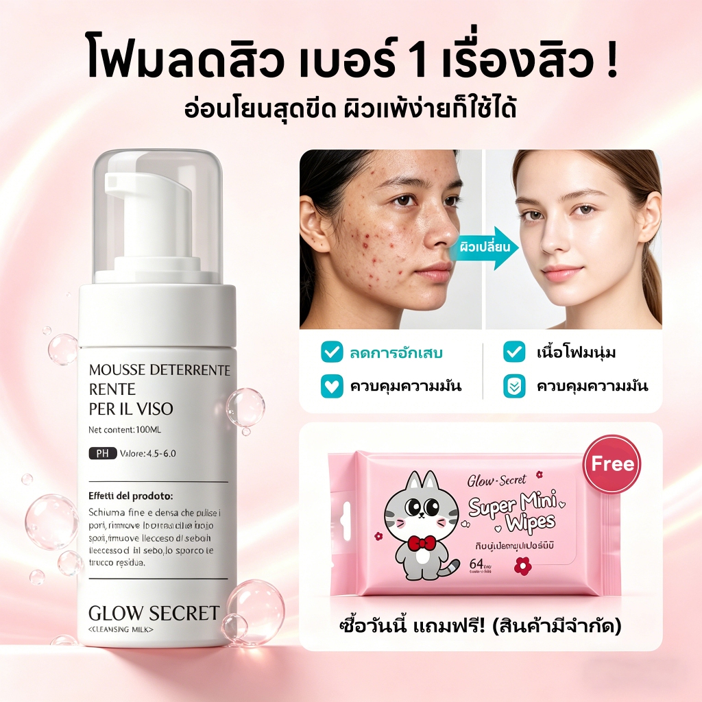 Glow Secret โฟมล้างหน้าลดสิว ควบคุมความมัน ผิวแพ้ง่ายใช้ได้ ฟองนุ่มละเอียด ผิวใส 100 ml