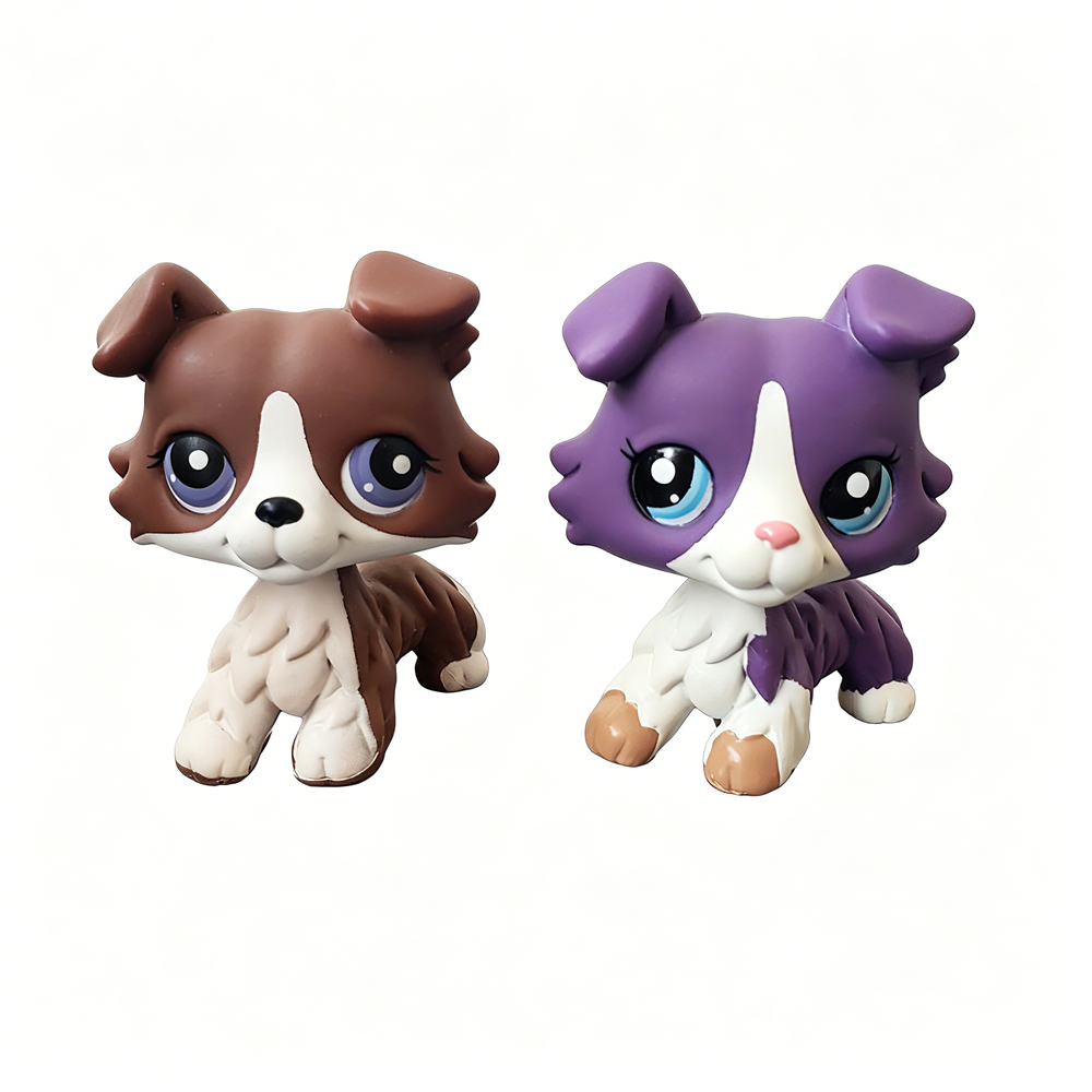 2pcs Littlest Pet Shop LPS Collection 1676 Blue Eyes Purple Collie Dog and Brown With Purple Eyes Co