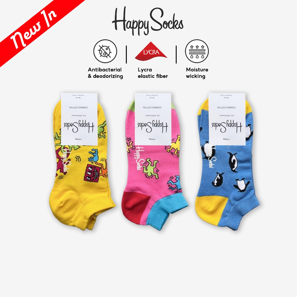 [2026 New] Happy Socks ถุงเท้าข้อเท้าผ้าฝ้ายลายน่ารักสำหรับผู้ชาย ลายเพนกวิน