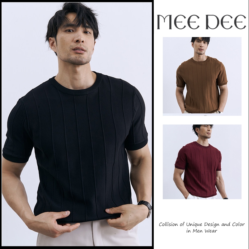 เสื้อยืดผู้ชายเสื้อถักแขนสั้น ลายตั้ง เรียบง่าย สไตล์สำนักงาน ใส่สบาย