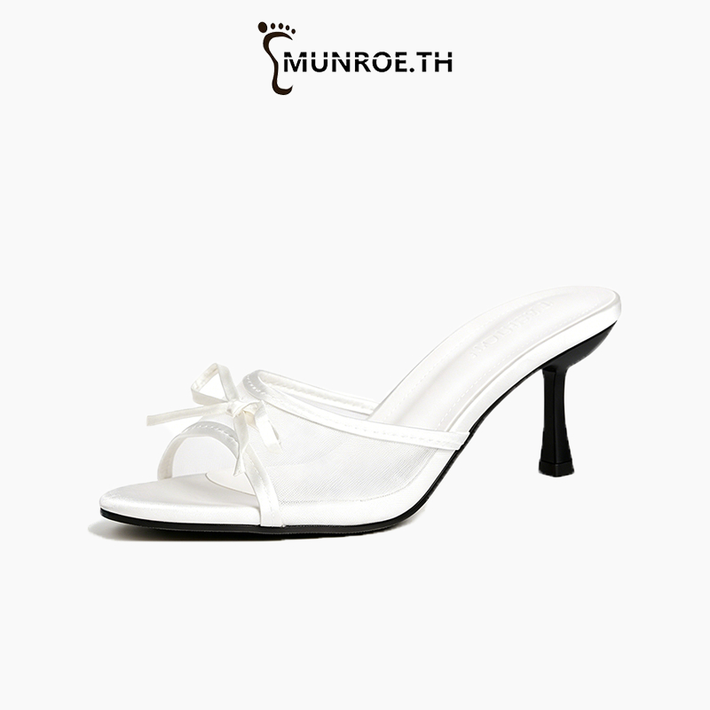 Munroe ฤดูร้อน รุ่นใหม่ รองเท้าแตะโบว์ ส้นเข็ม เอนกประสงค์ หัวกลม เปิดนิ้วเท้า