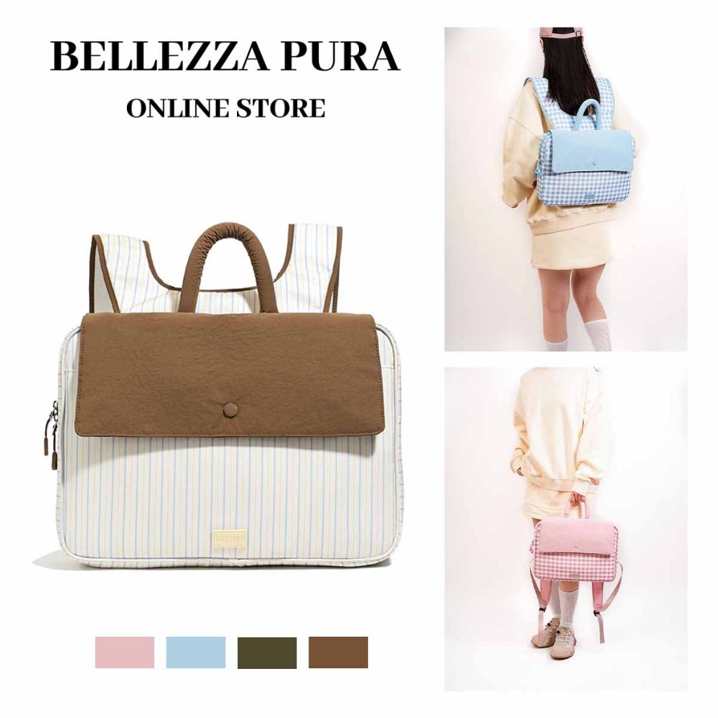 BELLEZZA PURA กระเป๋าเป้เบลลิซซ่า สีฟ้าลายสก๊อต เป้สะพายหลังไหล่ ทำจากไนลอน กันน้ำ หลายชั้น ความจุขนาดใหญ่ เหมาะสำหรับนักเรียน