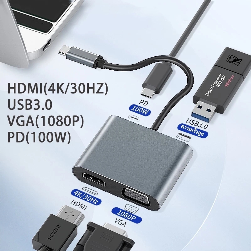 อะแดปเตอร์ HDMI VGA 4in1 Type-c ถึง HDMI 4K สําหรับ MacBook Pro HP Envy 13 Dell XPS13/15 Lenovo miix510