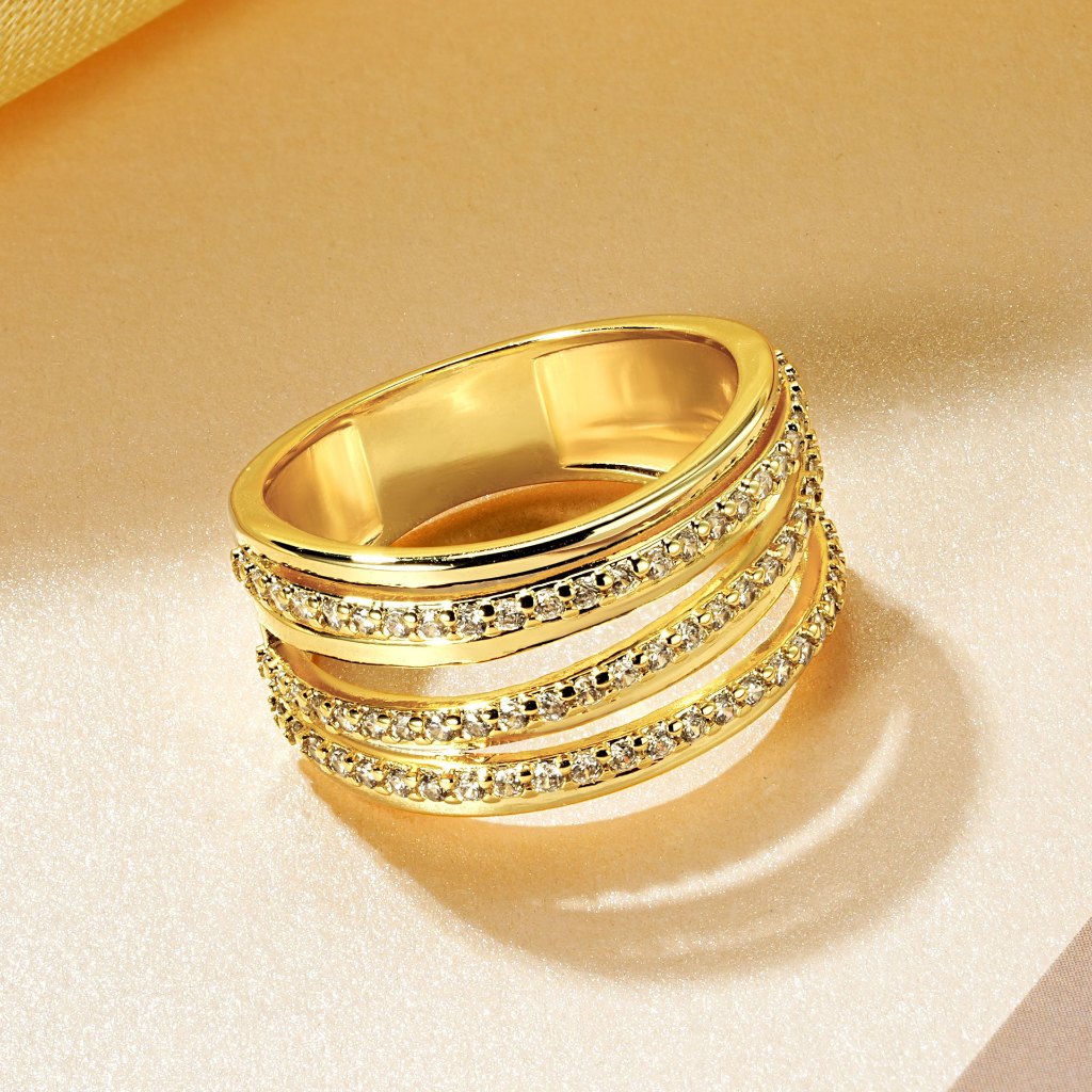 MY5A แหวนเพทาย 3 แหวนทองแดงชุบ 18K Gold Multi-Layer แหวน