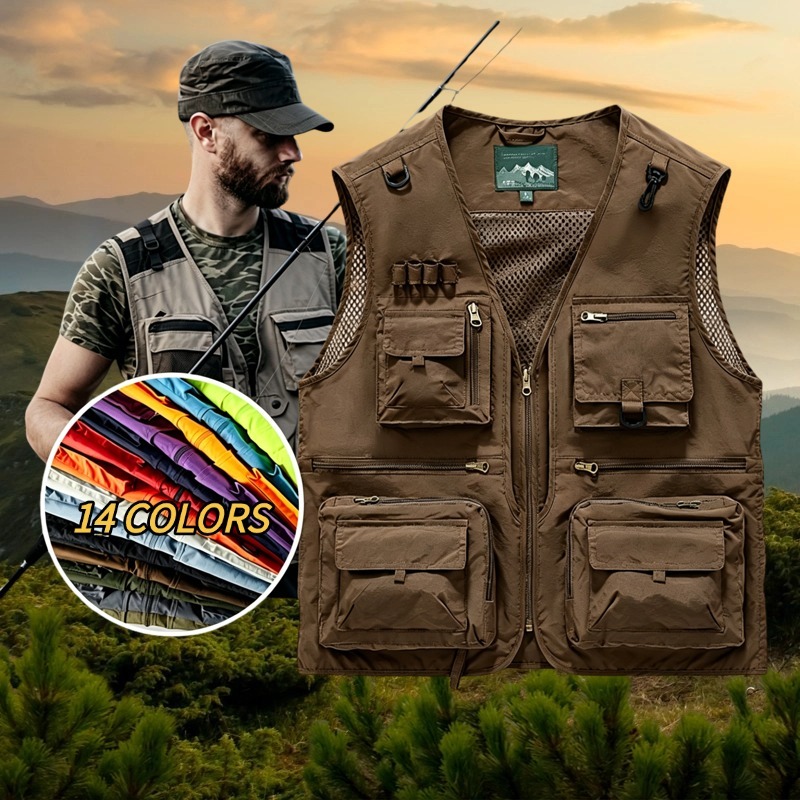 14 สีผู้ชาย Multi-Pocket Quick-Drying Vest 2026 ฤดูร้อนเครื่องมือ Casual กลางแจ้งตกปลาการถ่ายภาพเสื้อกั๊กแจ็คเก็ต