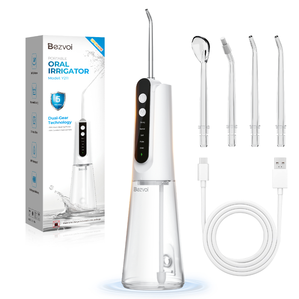 Clearance Sale - 24เดือนรับประกัน Bezvoi Y211 Flosser น้ําไร้สายสําหรับทําความสะอาดฟัน Irrigator ปาก 5 โหมด, 4 เคล็ดลับ Jet, การดูแลทันตกรรมจัดฟันแบบพกพา