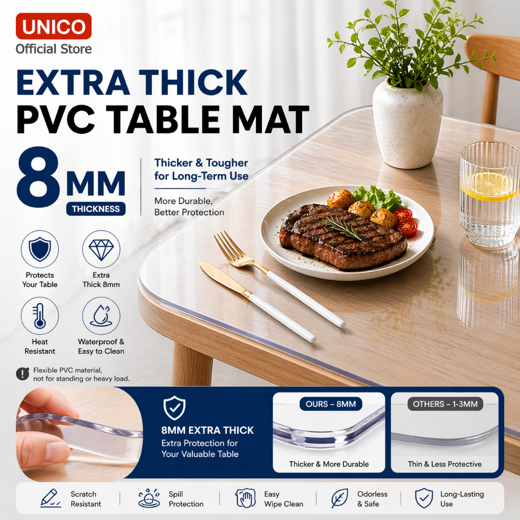 แผ่นรองโต๊ะ PVC ใส หนาพิเศษ 8MM หนากว่าทั่วไป กันน้ำ ทนความร้อน ปกป้องโต๊ะอย่างดี