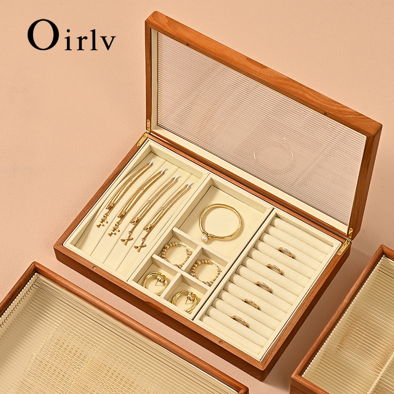 Oirlv กล่องเครื่องประดับ Organizer เครื่องประดับไม้พร้อมฝาปิดอะคริลิค Home Display X071