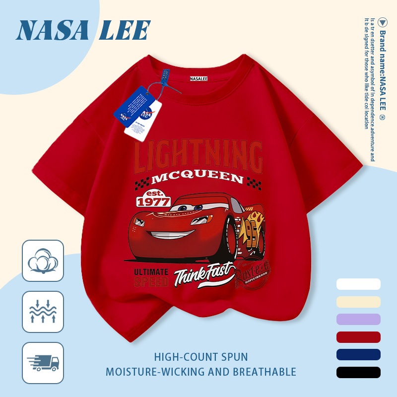 【จัดส่งวันเดียวกัน】เสื้อแขนสั้นผ้าฝ้ายแท้สีขาวสำหรับเด็ก ลาย NASA และรถสุดเท่ ระบายอากาศดี เหมาะสำหรับเด็กอายุ 3-16 ปี ทั้งชายและหญิง สไตล์ลำลอง