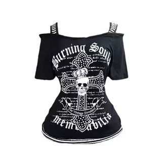 American Womens Letter พิมพ์เอว Cinched เสื้อยืดแขนสั้นฤดูใบไม้ผลิและฤดูร้อน Y2k หนึ่งไหล่ด้านบน