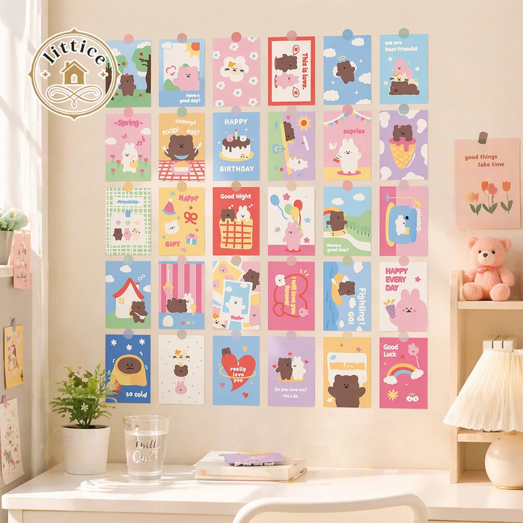 🌸การ์ดโปสเตอร์ตกแต่งห้อง ลายหมีกระต่ายน่ารัก สีพาสเทลครีม 30 ใบ/ชุด แถมสติกเกอร์วงกลม ตกแต่งผนังห้องนอนสไตล์เกาหลี
