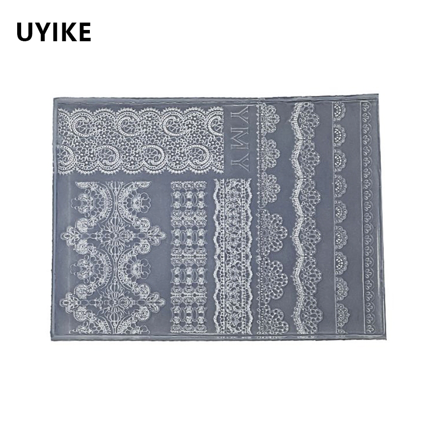 UYIKE แม่พิมพ์เล็บซิลิโคนลูกไม้บางเฉียบนูนลูกไม้สีขาวรูปแบบเจลโปแลนด์บรรจุแม่พิมพ์เครื่องมือปล่อยง่าย