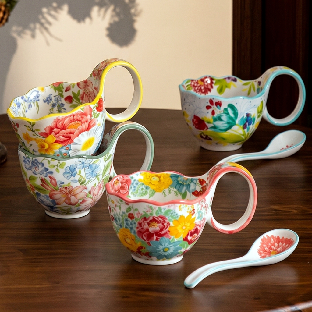 HongDian แก้วเซรามิก ceramic porcelain cup mug Pioneer Woman หูจับโค้งดีไซน์เรโทร สไตล์อเมริกัน ลายดอกไม้คลาสสิก underglaze วัสดุคุณภาพสูง ปลอดภัยต่ออาหาร ทนความร้อน สีไม่ซีดจาง ใช้กับ microwave oven ได้ ล้างใน dishwasher และตู้ฆ่าเชื้อ ชา นม น้ำผลไม้