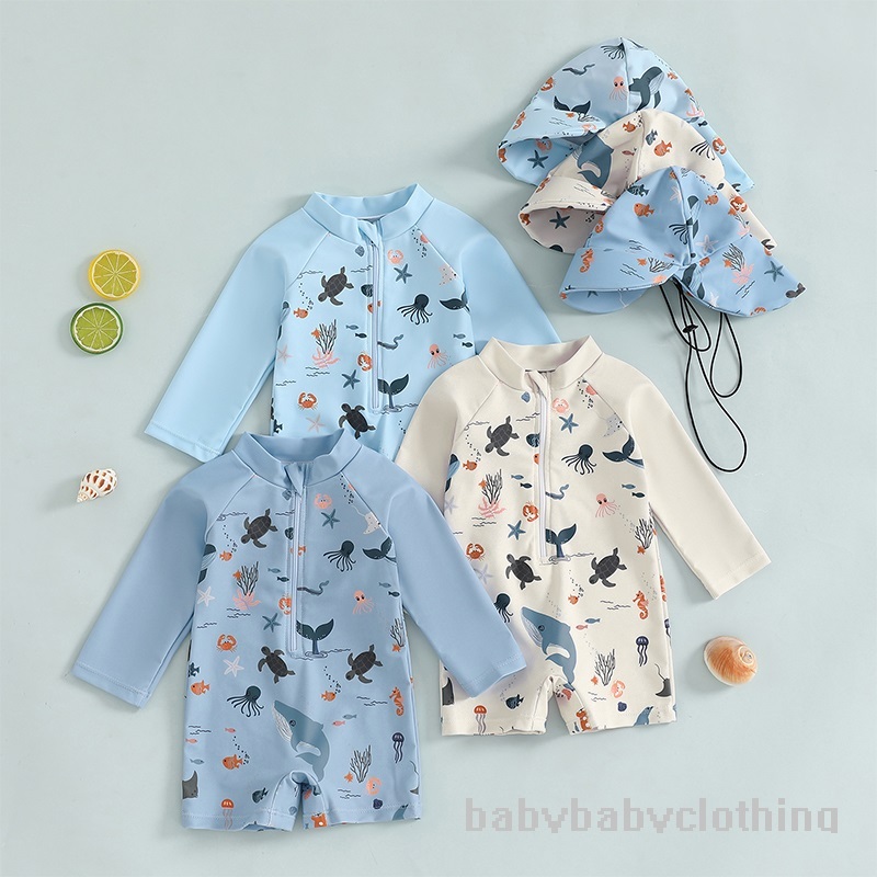 Babyclothes-kids Boys ชุดว่ายน้ําแขนยาว Casual Marine สัตว์พิมพ์ซิป Rash Guard ชุดว่ายน้ําและหมวก Beachwear ชุดว่ายน้ํา
