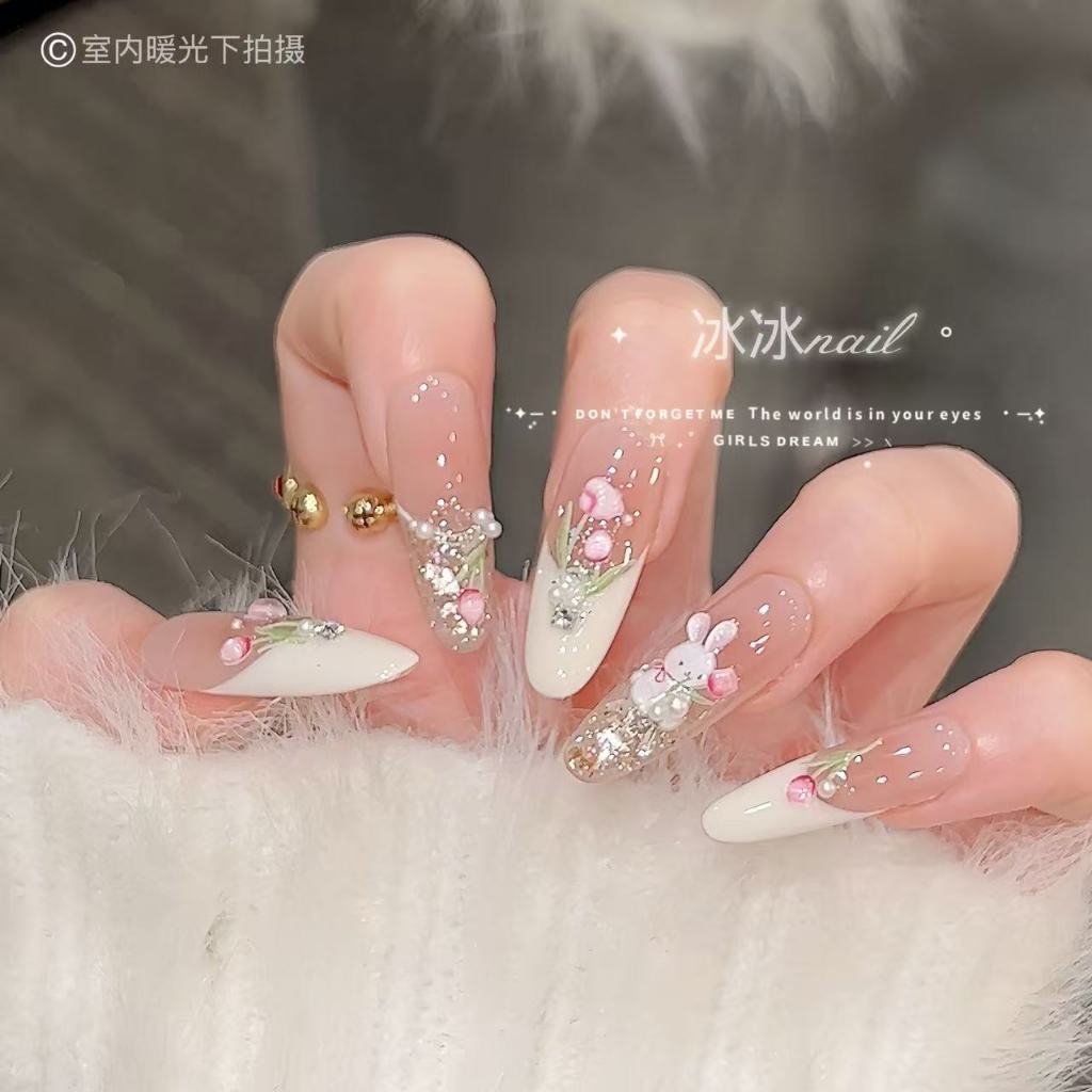 [Yujian Xiangtu] Handmade Wearing Nails Spring Hot-sale Pure Desire แต่งเล็บประดับเพชรสไตล์ฝรั่งเศสแต่งเล็บที่ถอดออกได้