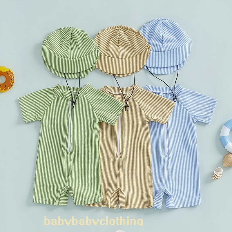 Babyclothes-toddler Boy Striped ชุดว่ายน้ําแขนสั้นครึ่งซิป Non-Pilling Rash Guard ชุดว่ายน้ํา Sunhat ชุด