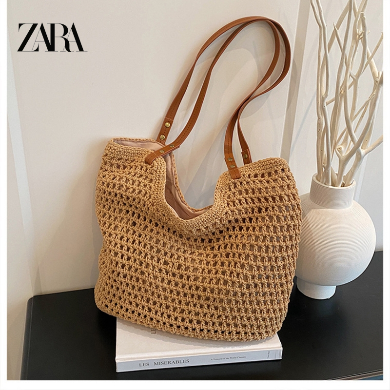 Zara กระเป๋าสะพายไหล่ ฟางสาน ขนาดใหญ่ จุของได้เยอะ แบบพกพา เหมาะกับเดินชายหาด ริมทะเล สําหรับผู้หญิง