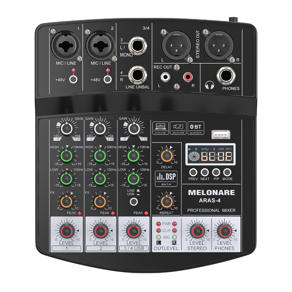 MELONARE ARAS-4 มิกเซอร์ 4 ช่อง พร้อมอินเทอร์เฟซ USB Bluetooth Phantom Power & EQ Control