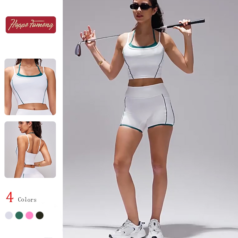 ผู้หญิง Faux สองชิ้น Halter โยคะเสื้อกั๊ก High-Intensity วิ่งฟิตเนส Back-Enhancing พิลาทิสสีบล็อกกีฬา Bra