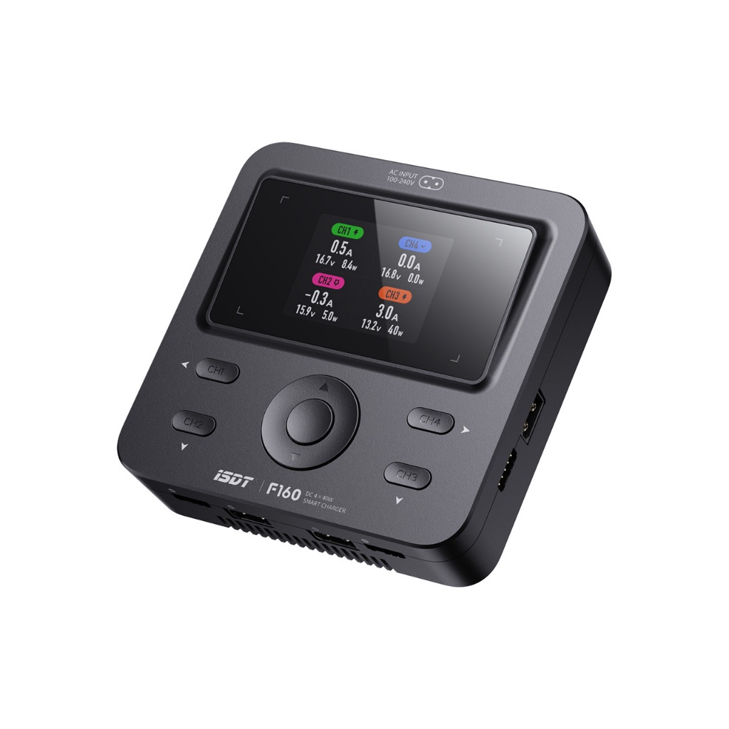 ISDT F160 แบตเตอรี่ Lipo GaN เทคโนโลยี 4 ช่อง 40W AC Charger 5W 4 Discharger LiHv/LiPo/Life/Lilon Ni