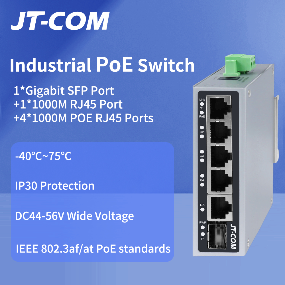 JT-COM Industrial PoE Switch Gigabit 1 Fiber 1+4 PoE+ DIN Rail Low High Temp Support for Security IP