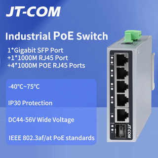 JT-COM Industrial PoE Switch Gigabit 1 Fiber 1+4 PoE+ DIN Rail Low High Temp Support for Security IP Camera NVR