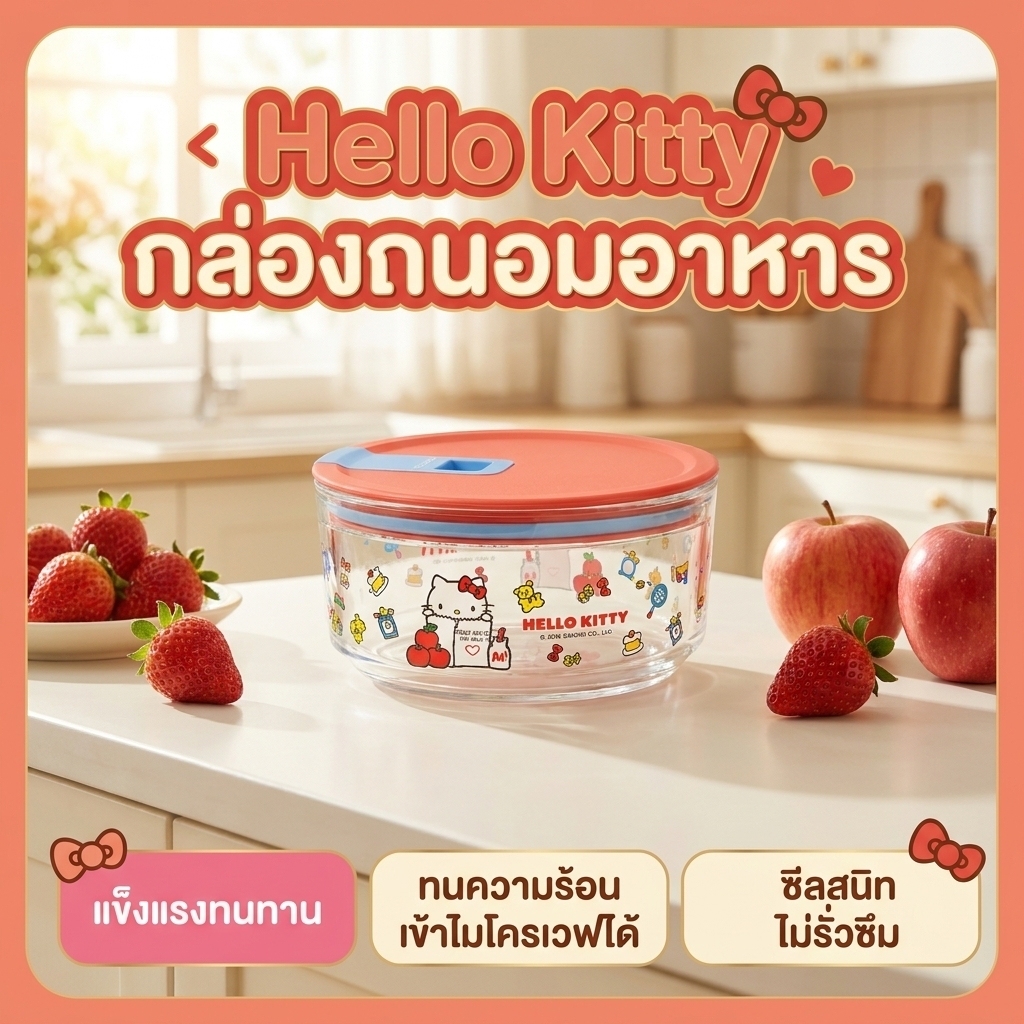 [Aria] Neoflam Hello kitty Week Series Round Glass Fresh-ing Box Food Bento Box Lunch Box