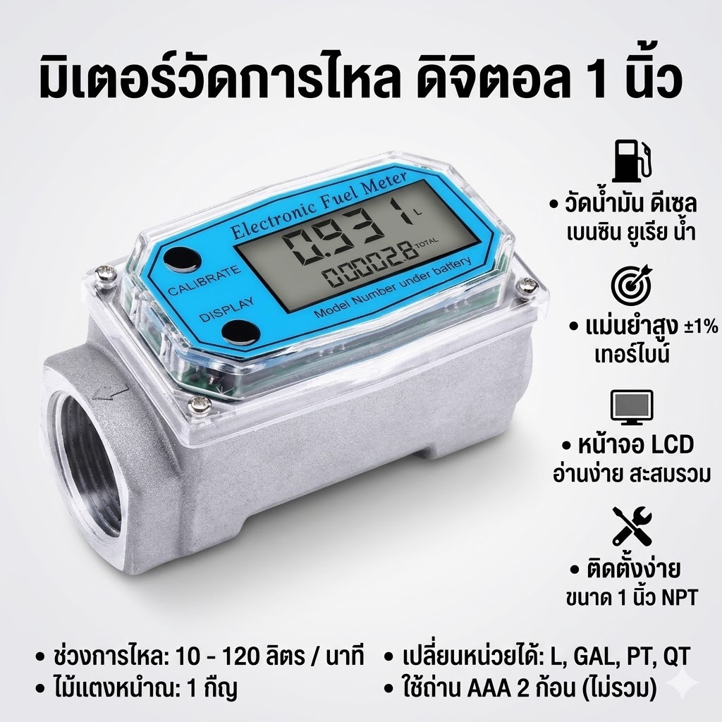 มิเตอร์วัดการไหล ดิจิตอล 1 นิ้ว วัดน้ำมัน ดีเซล เบนซิน น้ำ ยูเรีย ความแม่นยำสูง หน้าจอ LCD