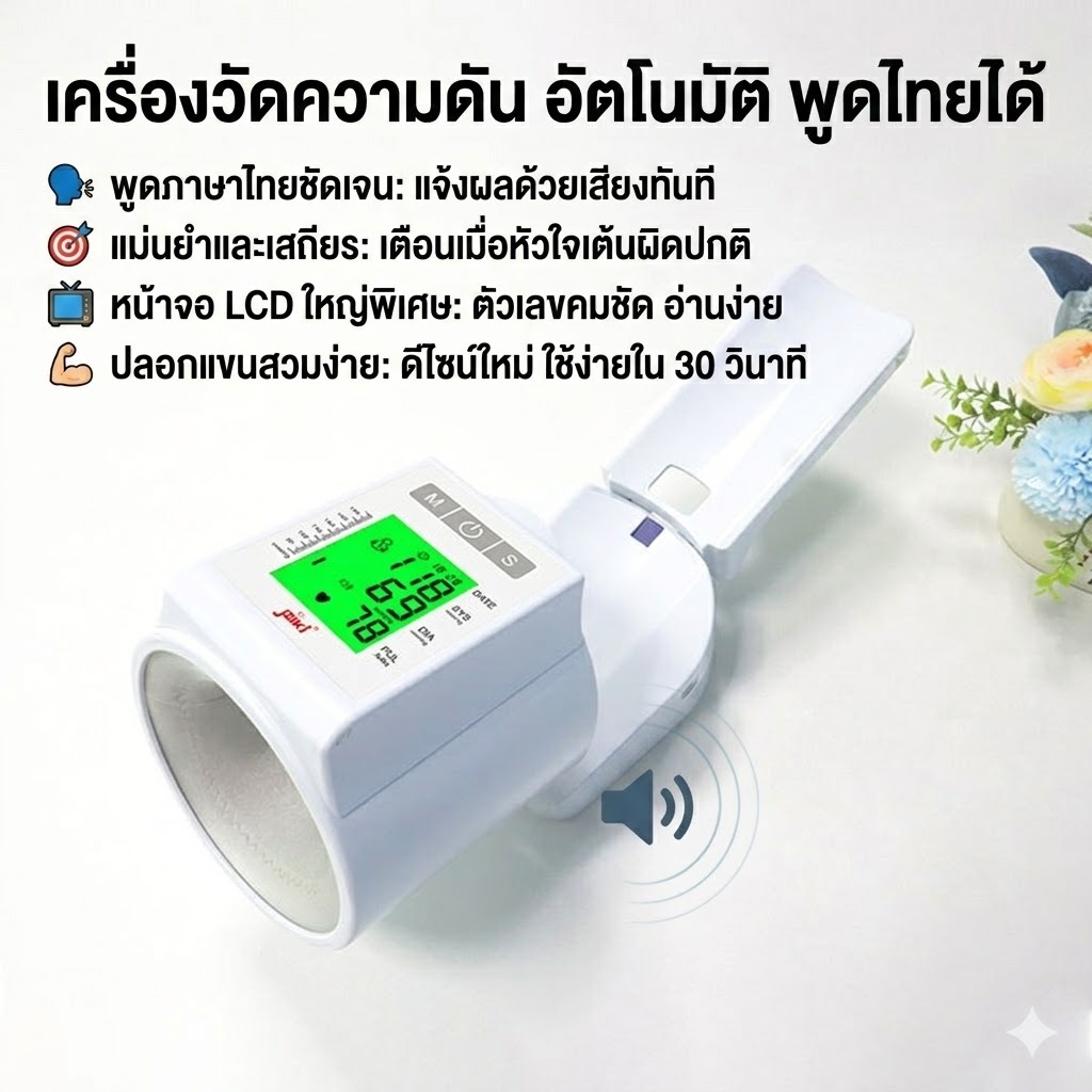 เครื่องวัดความดัน อัตโนมัติ พูดไทยได้ จอใหญ่ อ่านง่าย แม่นยำสูง วัดอัตราการเต้นหัวใจ สำหรับผู้สูงอายุ