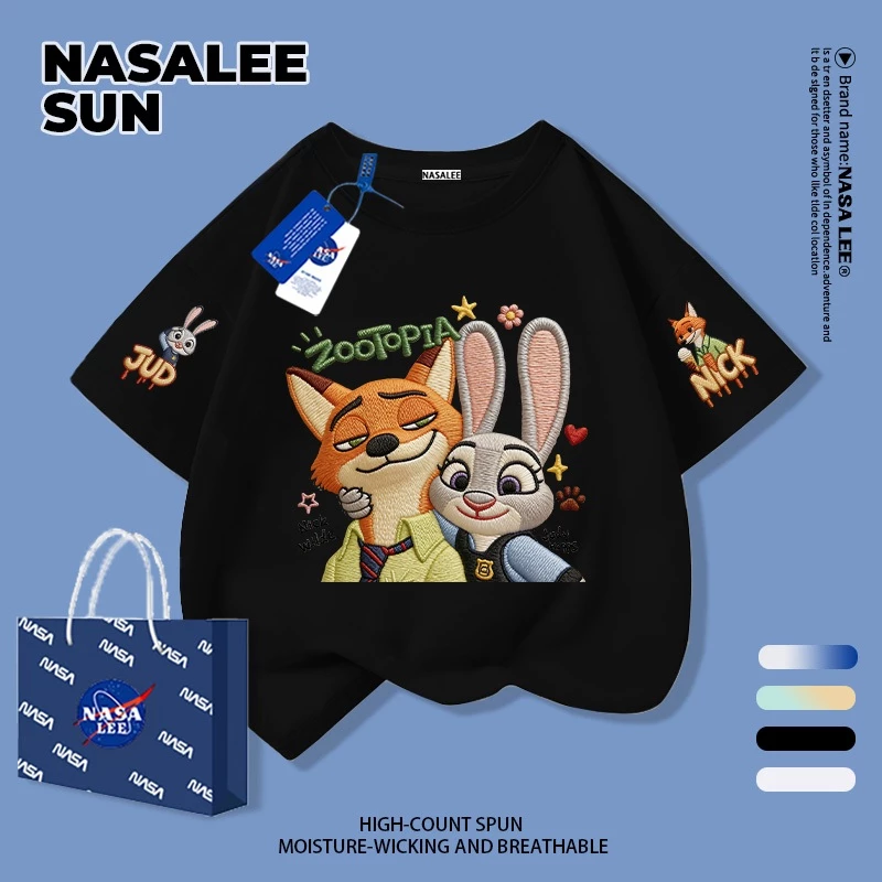 【จัดส่งวันเดียวกัน】เสื้อผ้าฝ้ายสีดำสำหรับเด็ก ลายจิ้งจอกกับกระต่ายการ์ตูน น่ารัก สนุกสนาน ใส่แล้วระบายอากาศดี เหมาะสำหรับหน้าร้อน เป็นเสื้อแขนสั้น เหมาะสำหรับเด็กอายุ 3-16 ปี ทั้งชายและหญิง